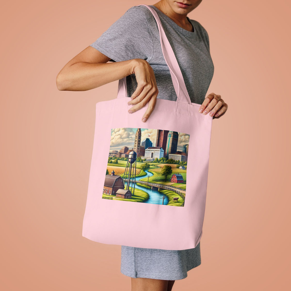 Rural River City Skyline Hometown Landscape Tote Bag