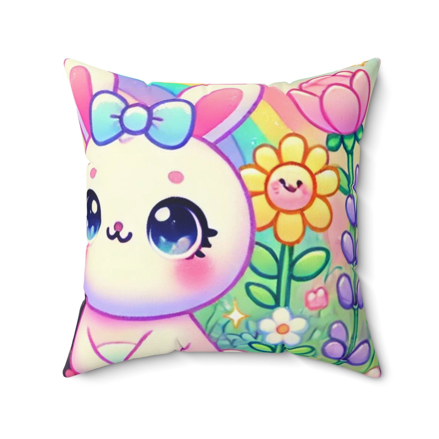 Pastel Panda and Bunny Rainbow Garden Decorative Pillow
