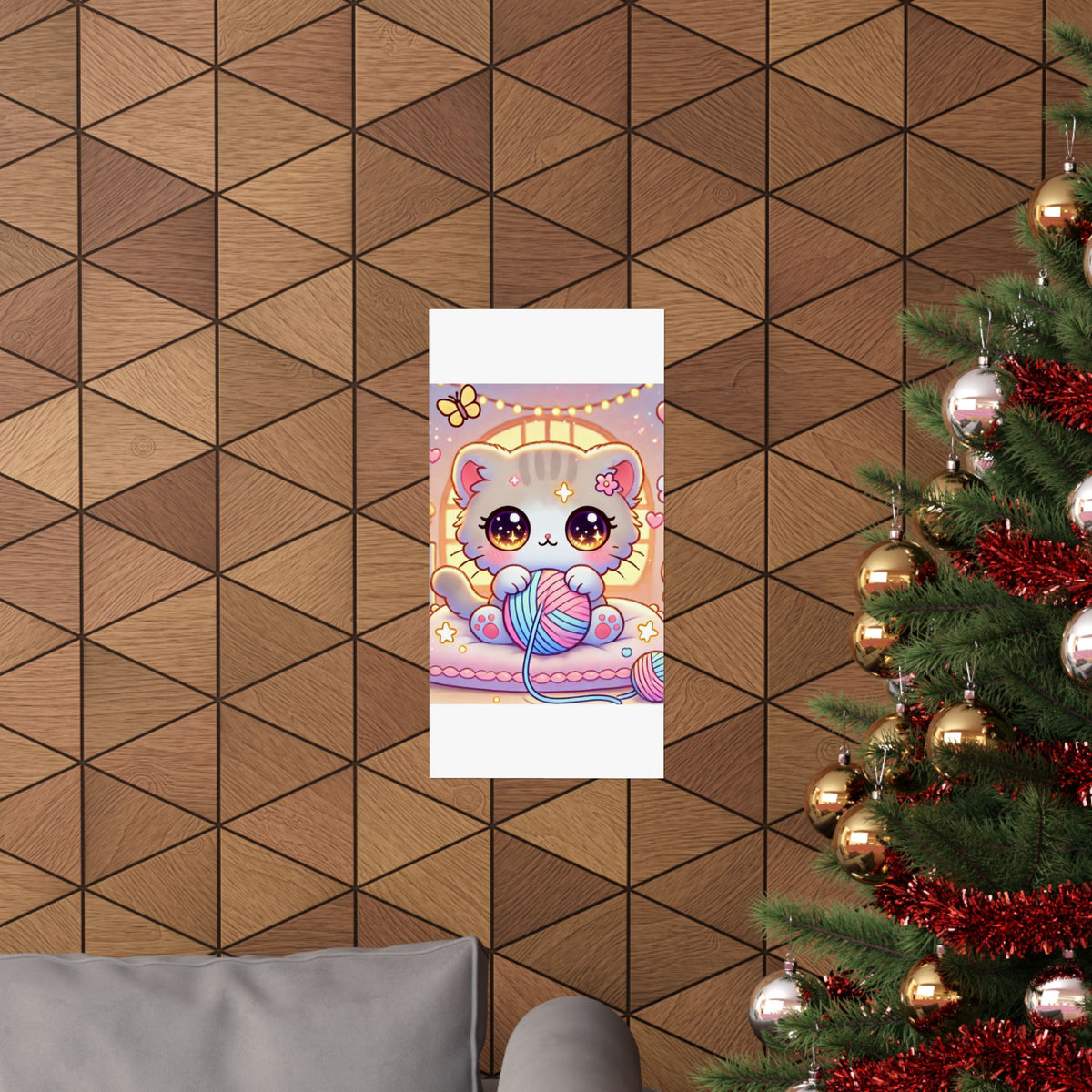 Cozy Kawaii Knitting Cat Pastel Yarn Wall Art Poster