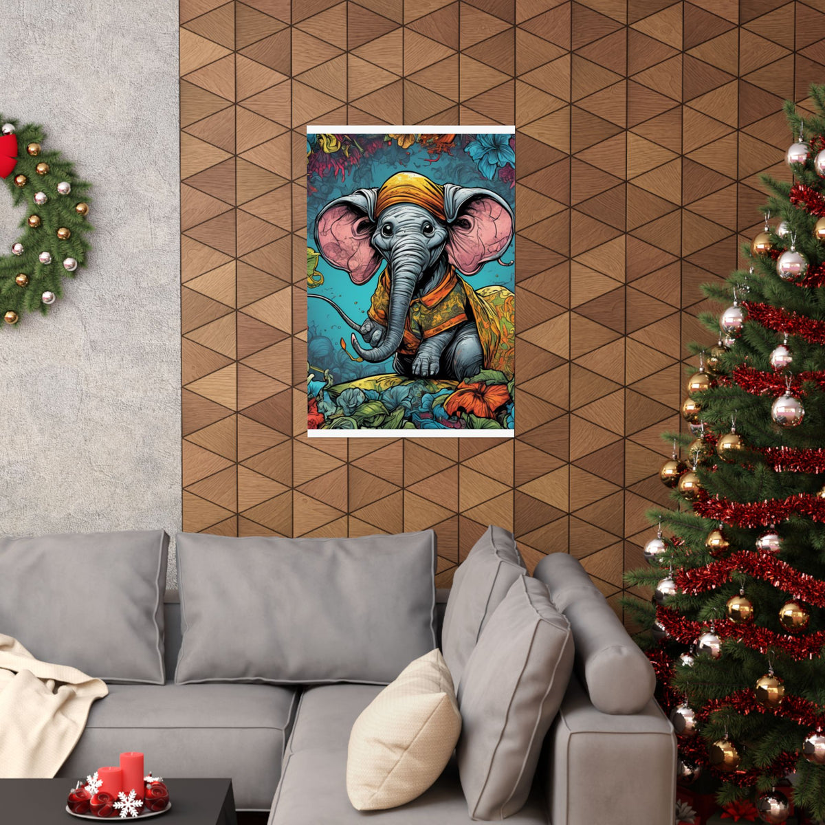 Colorful Storybook Elephant Floral Garden Wall Art Poster