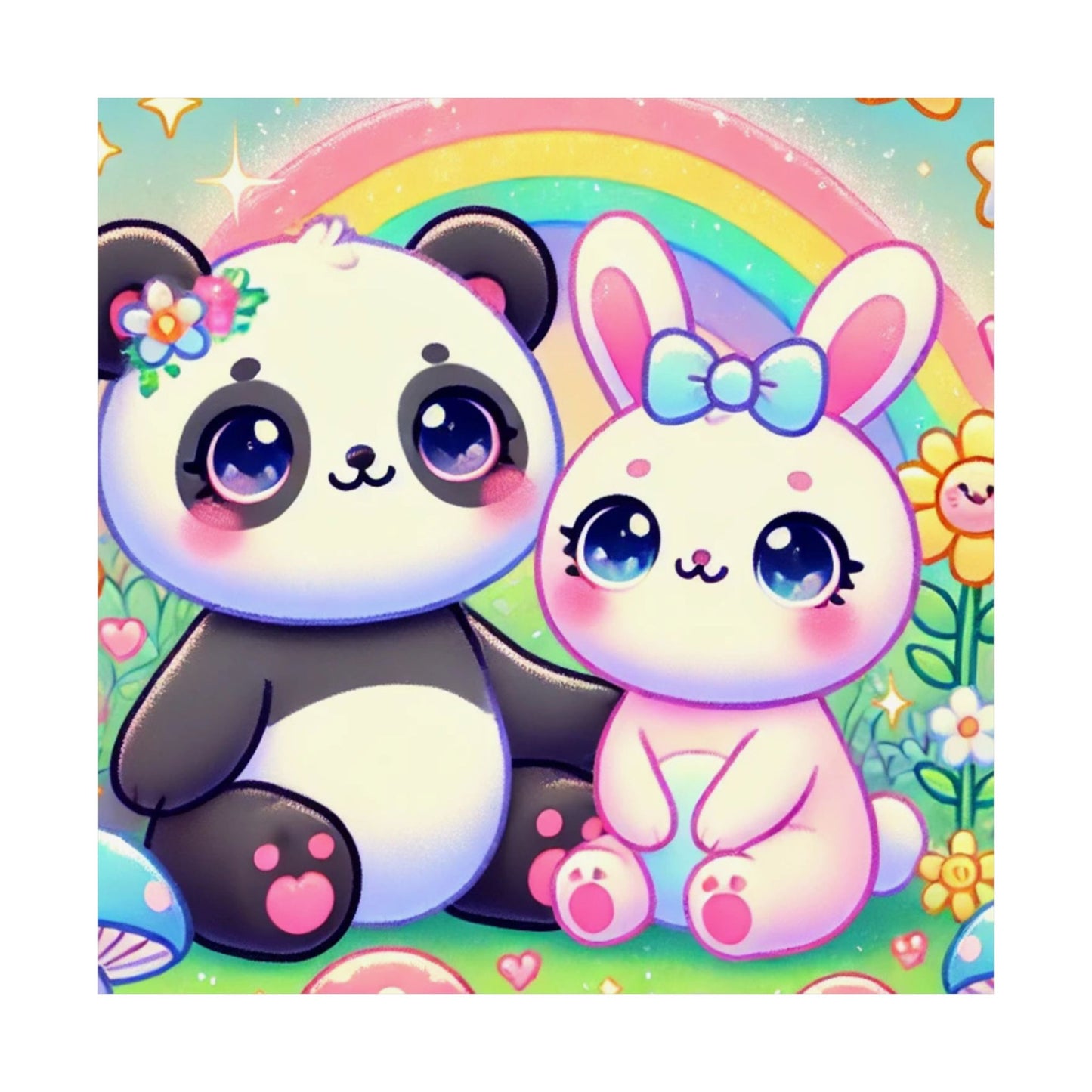 Pastel Panda and Bunny Rainbow Garden Wall Art Poster