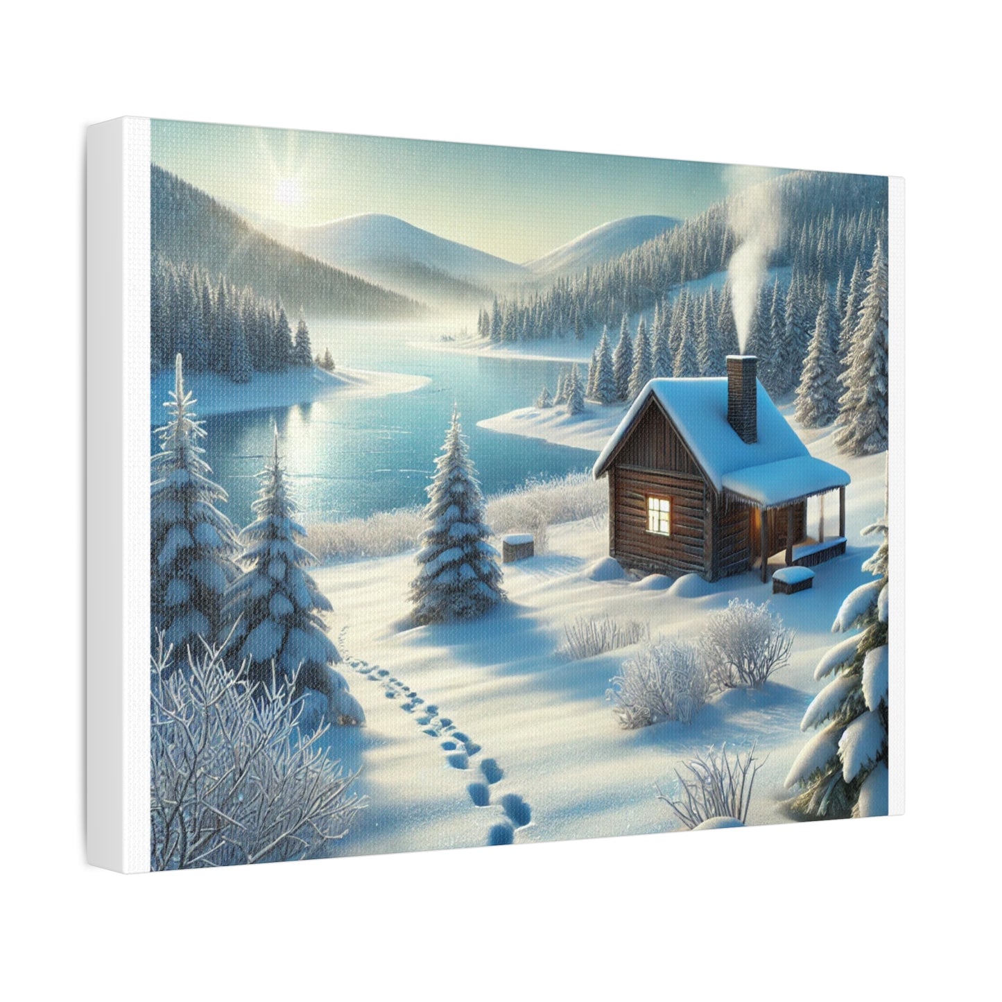 Snowy Cabin Winter Lake Landscape Art Canvas