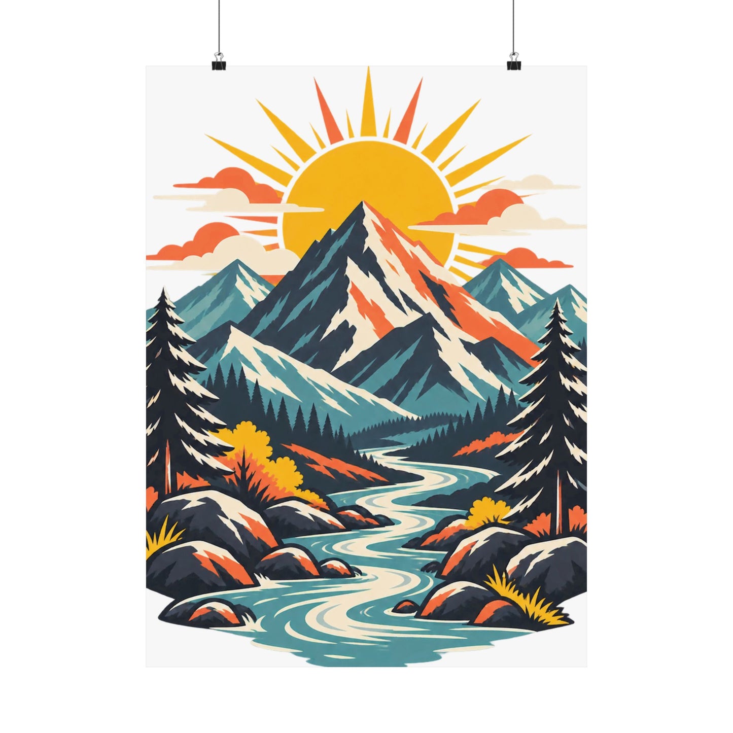 Alpine Sunrise River Mountain Adventure Art Poster