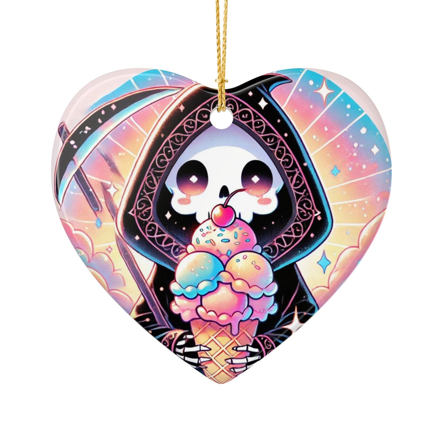Cute Grim Reaper Ice Cream Pastel Novelty Art Ceramic Ornament, Holiday Keepsake