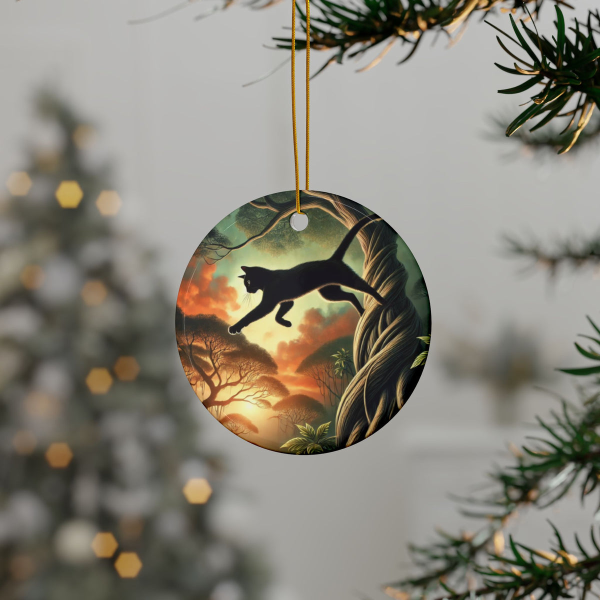 Enchanted Black Cat Forest Ceramic Ornament, Holiday Keepsake and Gift
