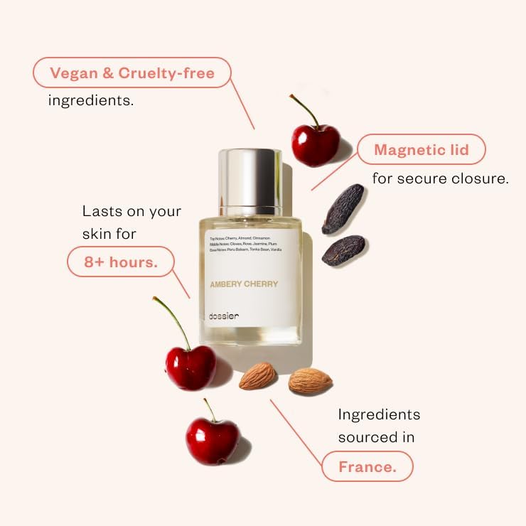 Dossier - Eau de Parfum - Ambery Cherry - Inspired by T.Ford Lost Cherry - Perfume Luxury - Pure Infused - Paraben Free - Vegan - For Women Men Unisex - Fragrance 1.7 Fl oz (Spray 50ml)