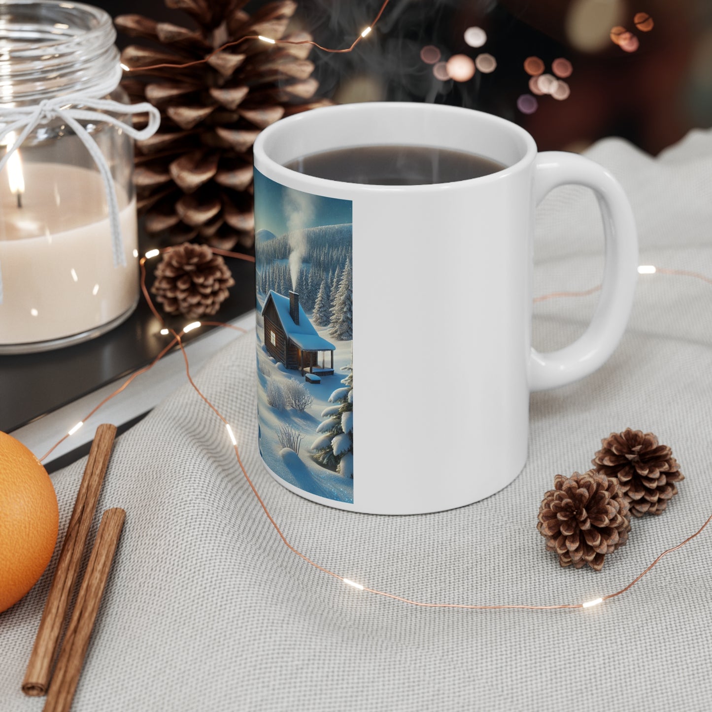 Snowy Cabin Winter Lake Landscape Art Coffee Mug