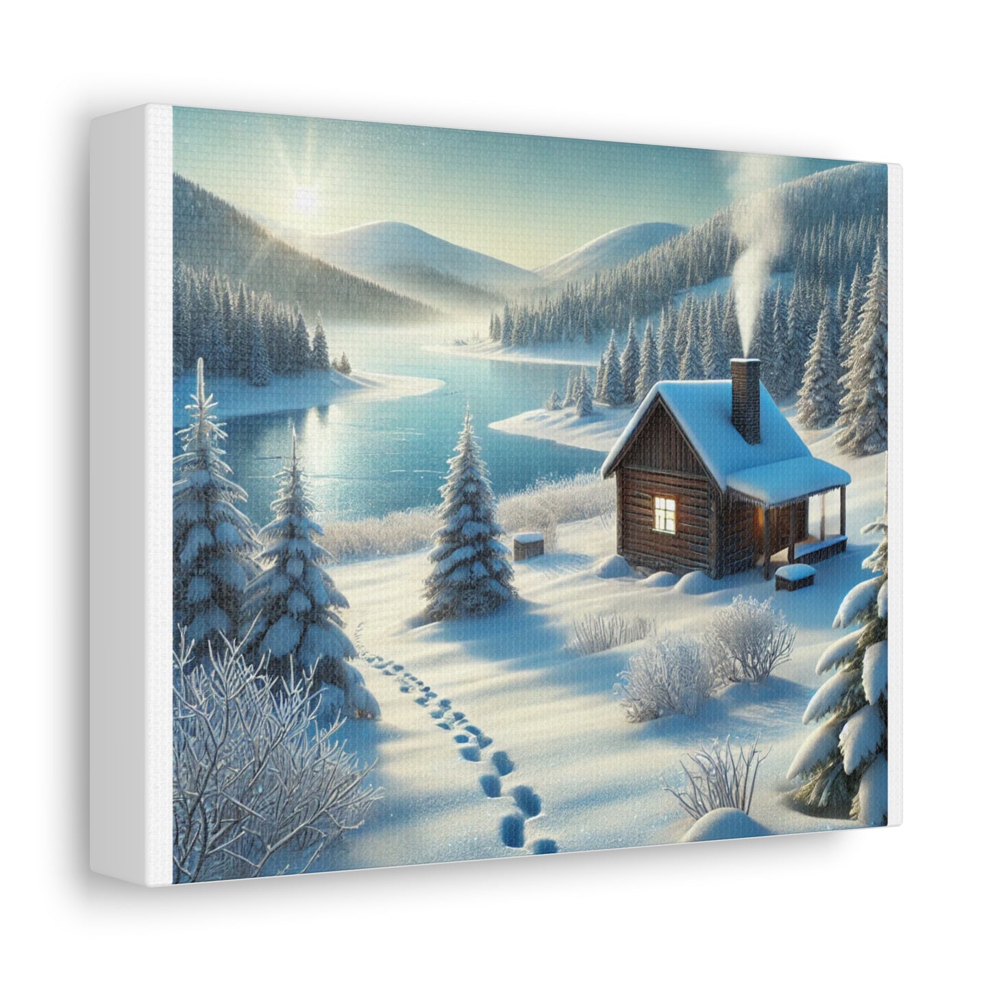 Snowy Cabin Winter Lake Landscape Art Canvas