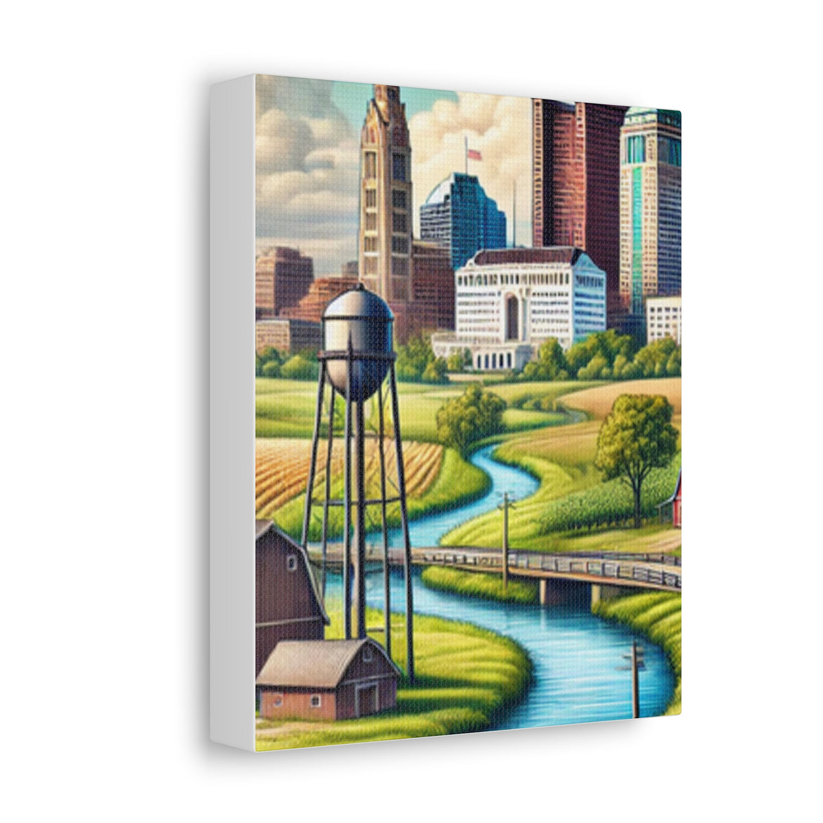 Rural River City Skyline Hometown Landscape Canvas Wall Art