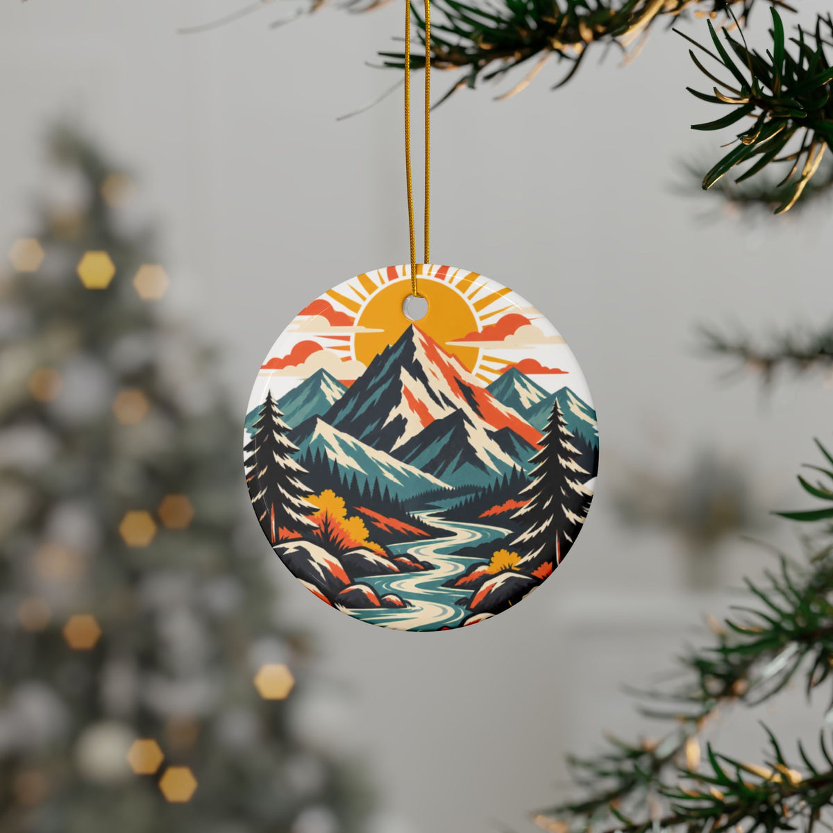Alpine Sunrise River Mountain Adventure Art Ceramic Ornament, Holiday Keepsake a