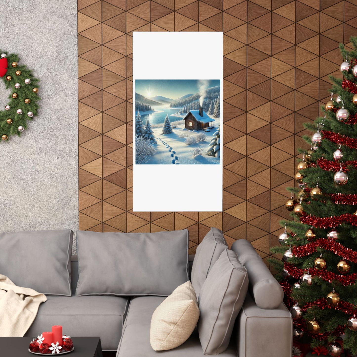 Snowy Cabin Winter Lake Landscape Art Poster