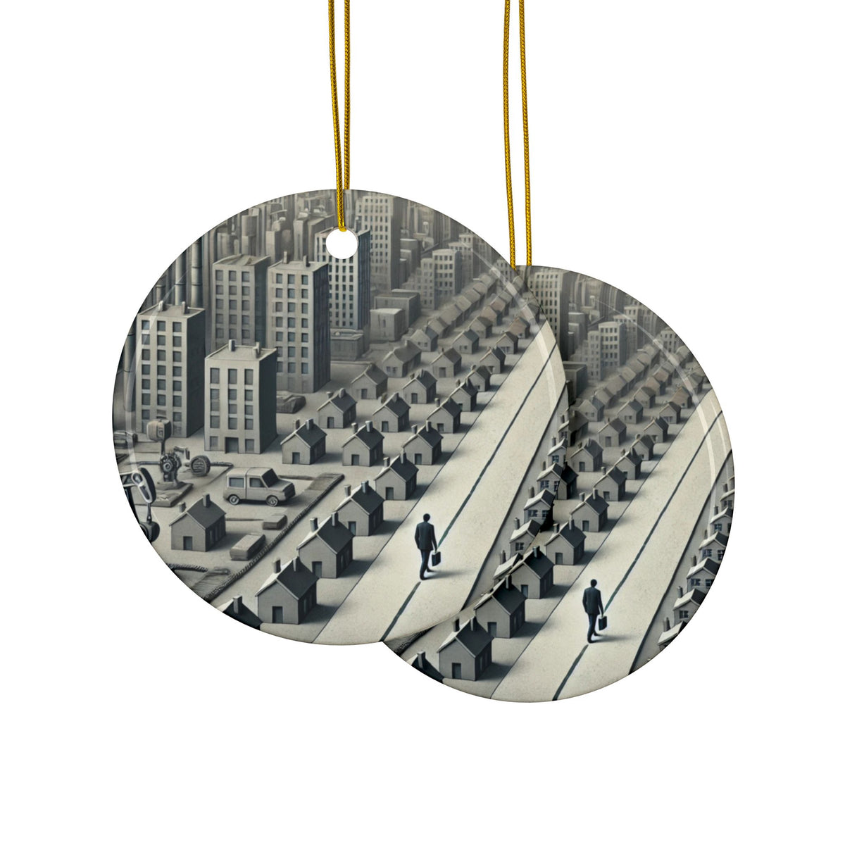 Monochrome Urban Factory Cityscape Ceramic Ornament, Holiday Keepsake and Gift