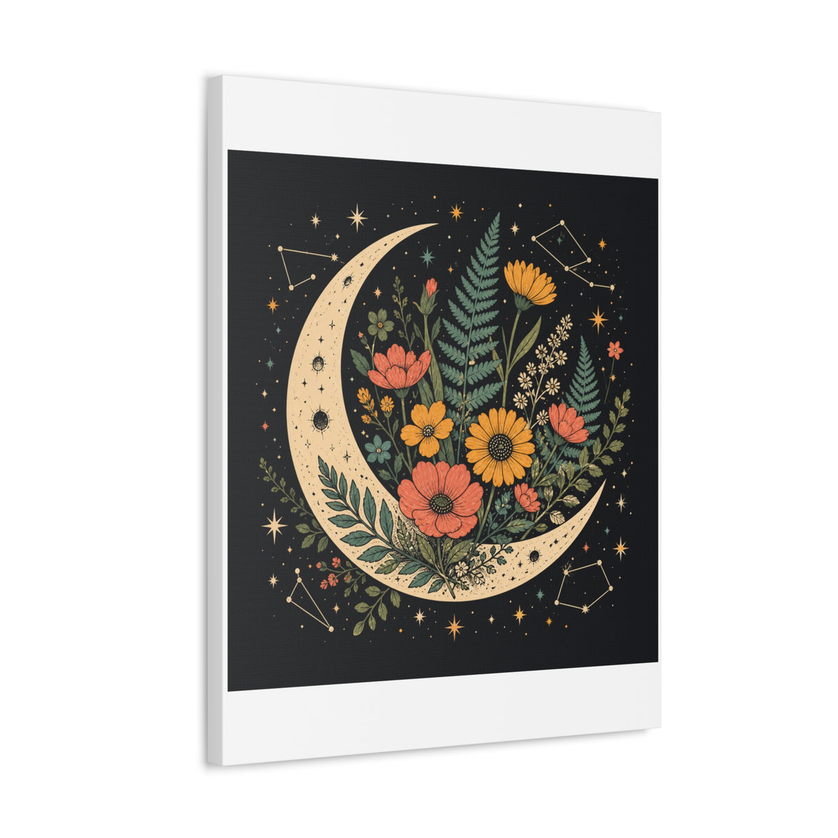 Celestial Wildflower Crescent Moon Botanical Canvas Art