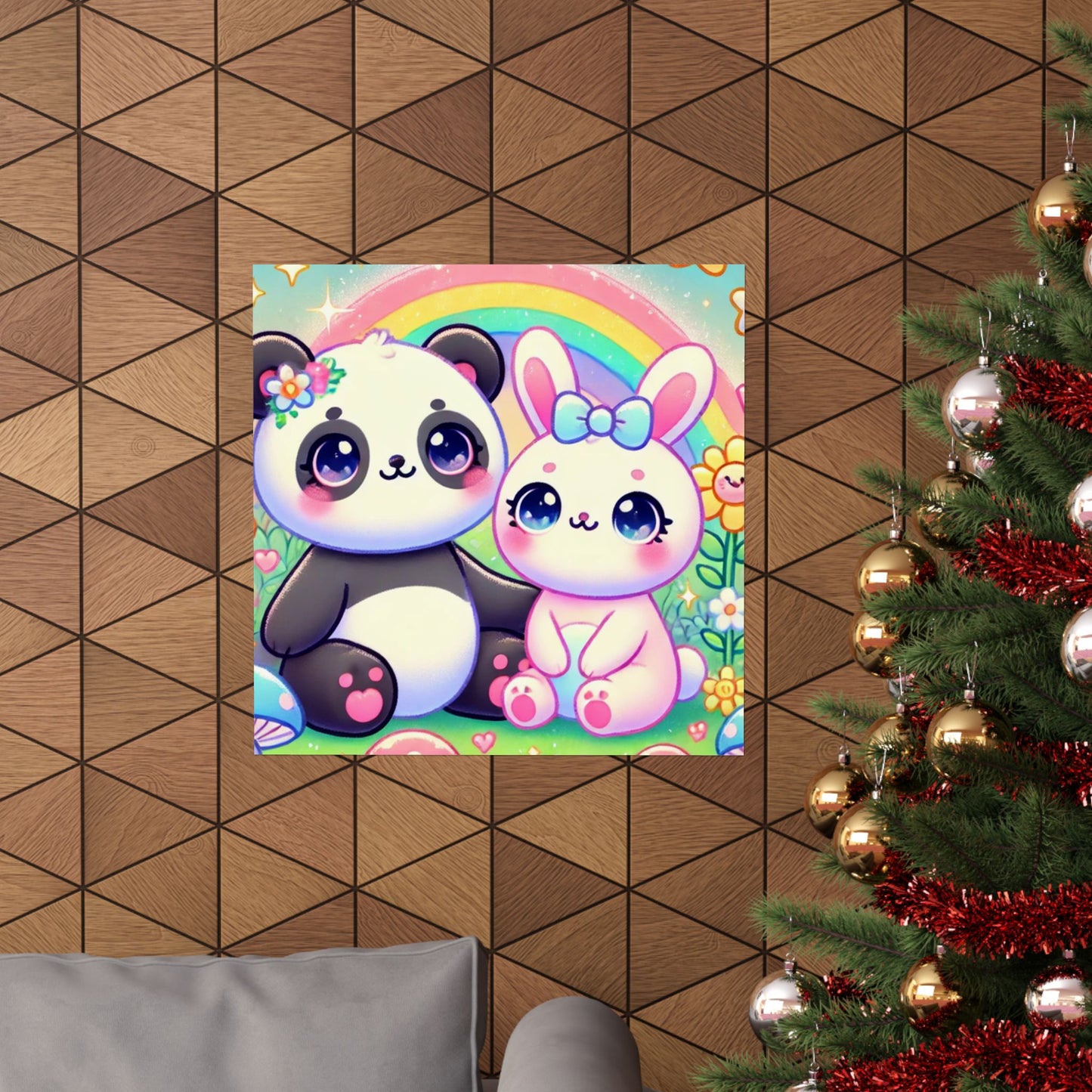 Pastel Panda and Bunny Rainbow Garden Wall Art Poster