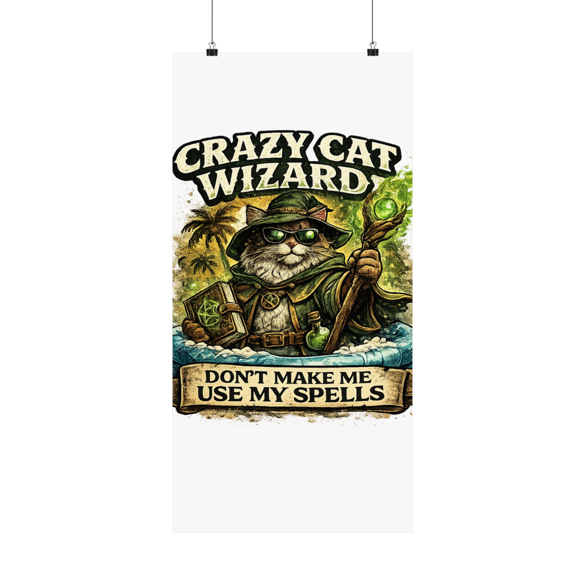 Crazy Cat Wizard Funny Fantasy Magic Art Poster