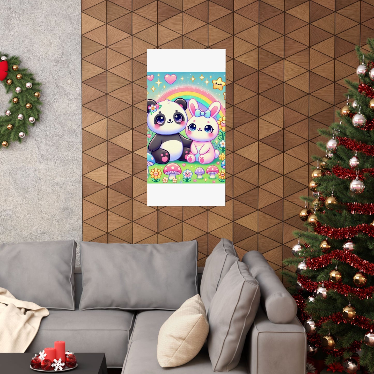 Pastel Panda and Bunny Rainbow Garden Wall Art Poster