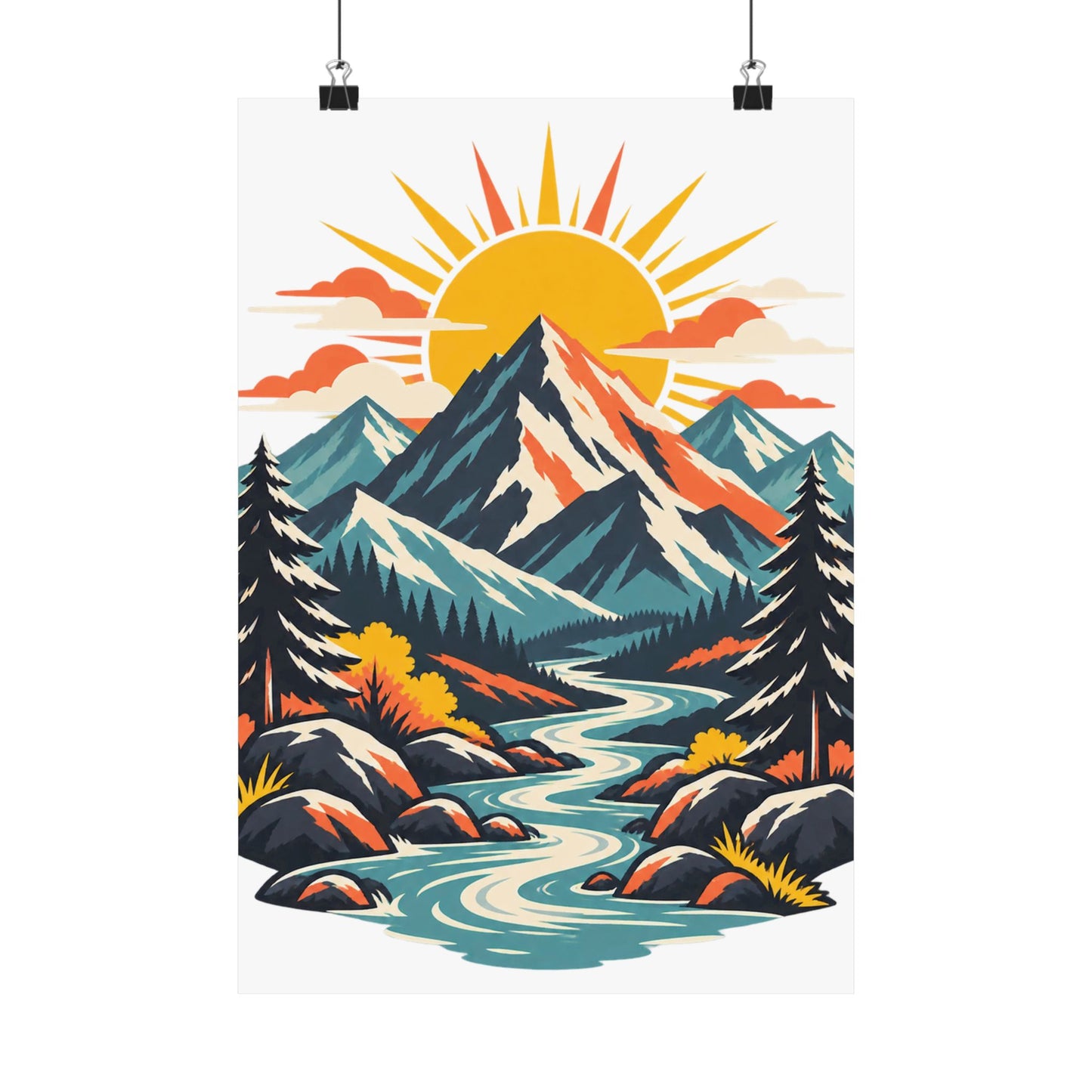 Alpine Sunrise River Mountain Adventure Art Poster