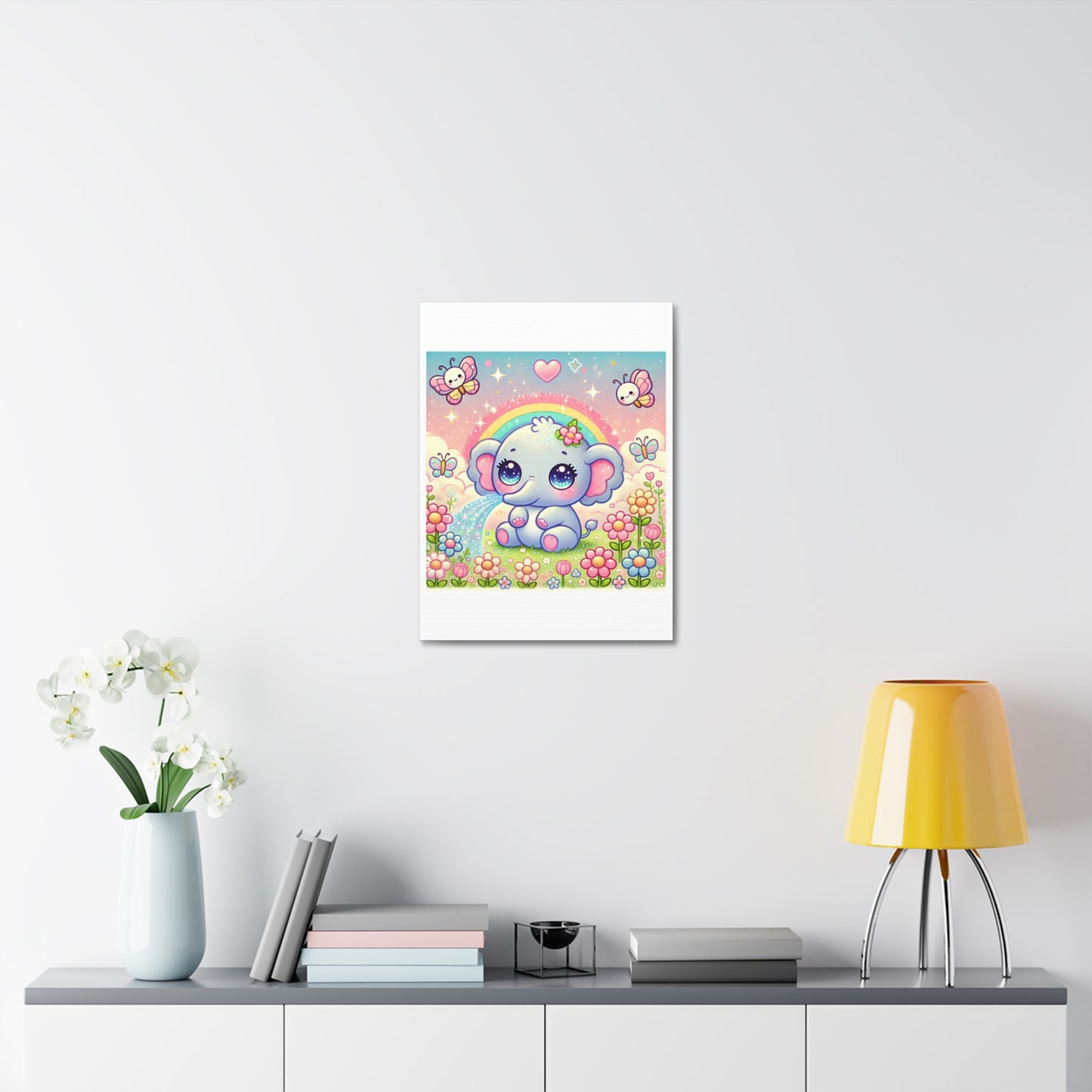 Pastel Rainbow Baby Elephant Floral Canvas Wall Art