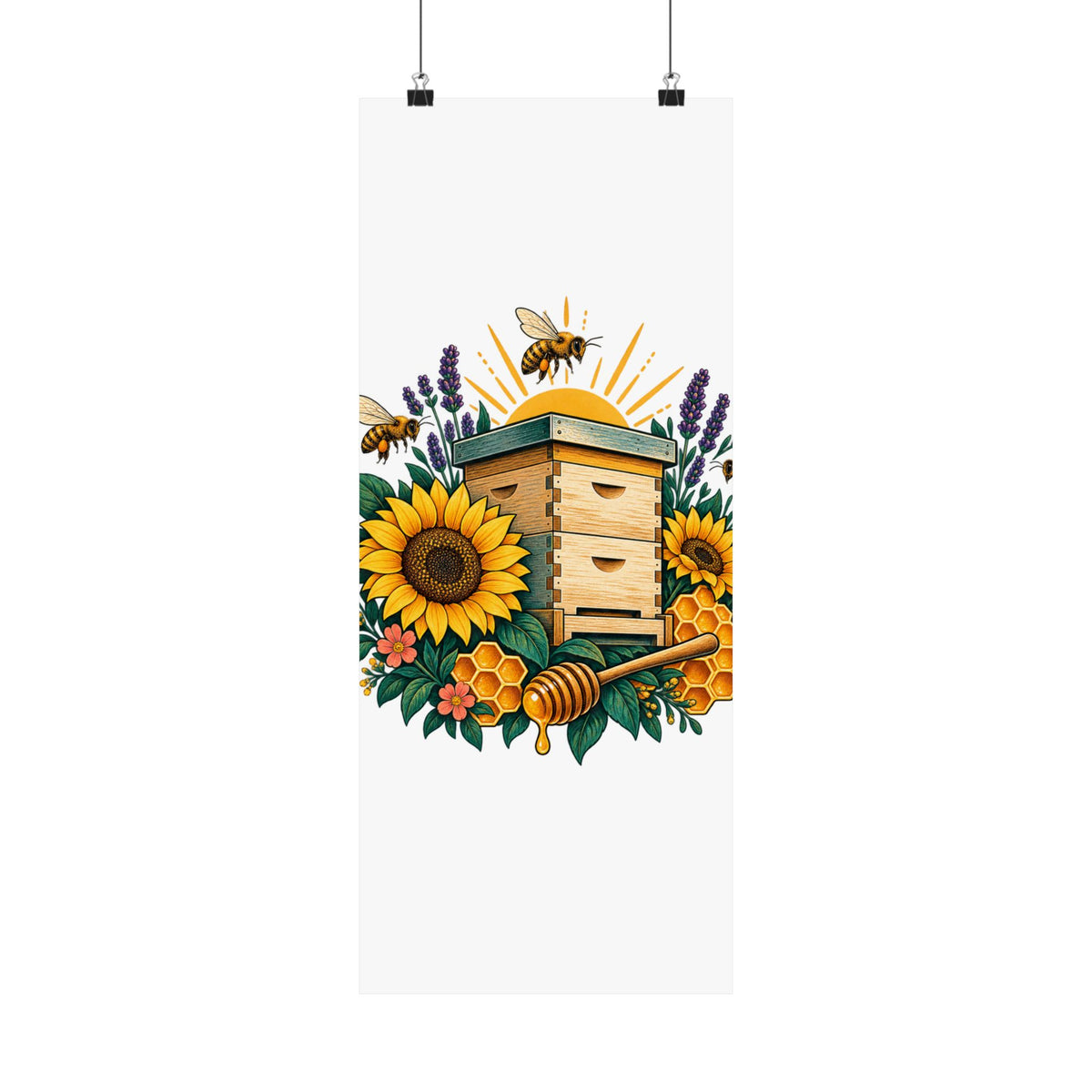 Retro Beehive Sunflowers and Pollinator Garden Art Poster