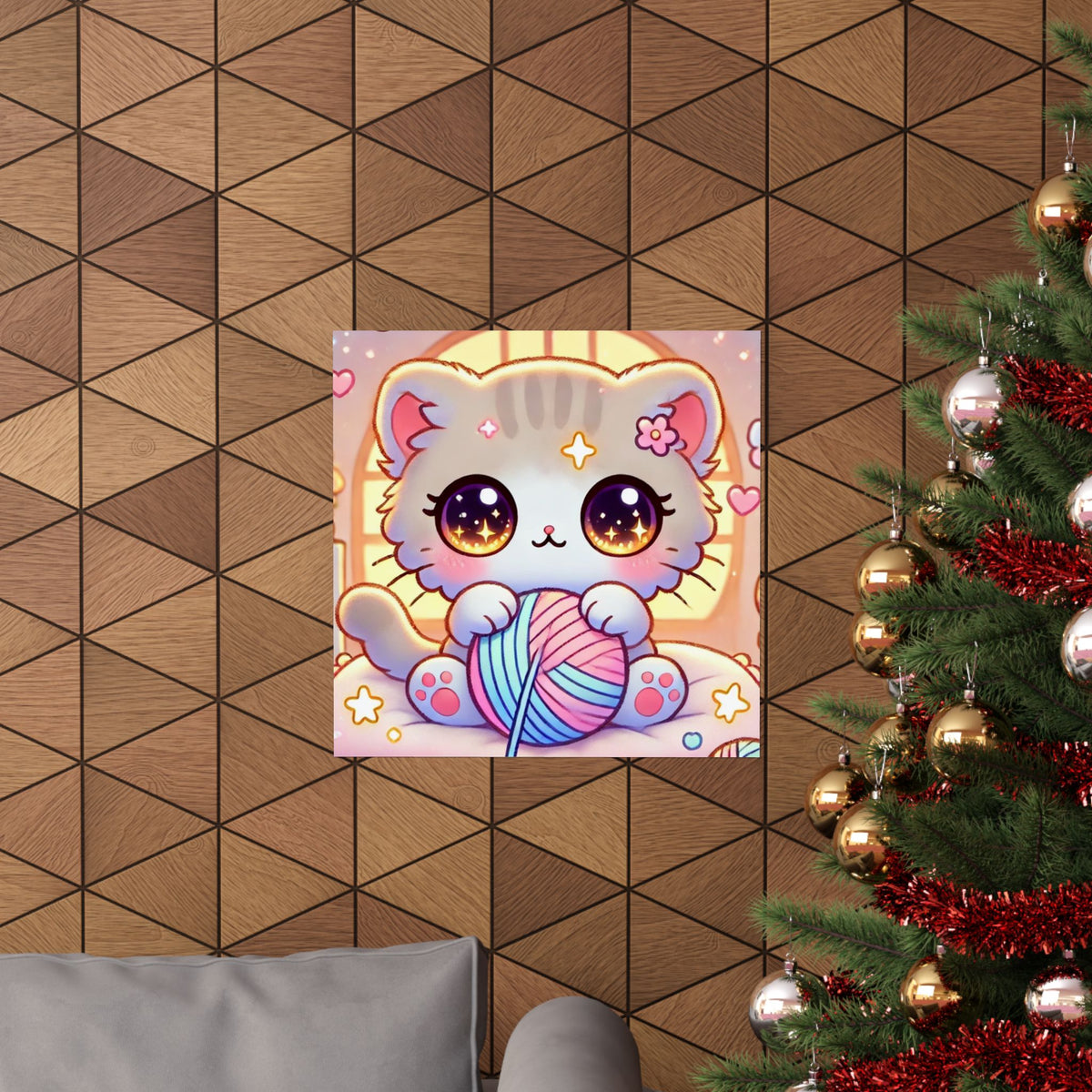Cozy Kawaii Knitting Cat Pastel Yarn Wall Art Poster