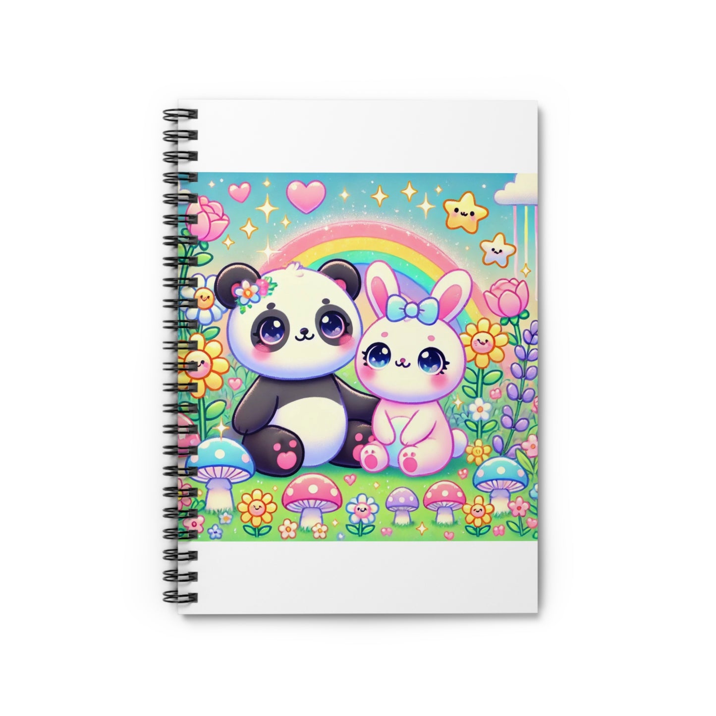 Pastel Panda and Bunny Rainbow Garden Spiral Notebook