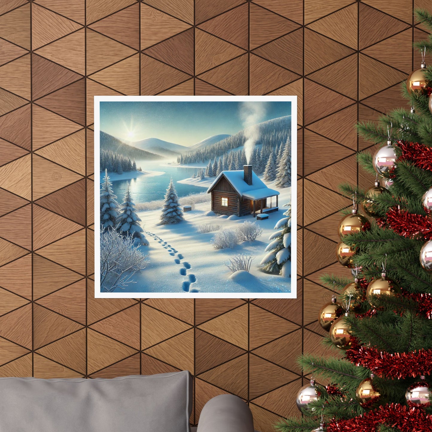 Snowy Cabin Winter Lake Landscape Art Poster