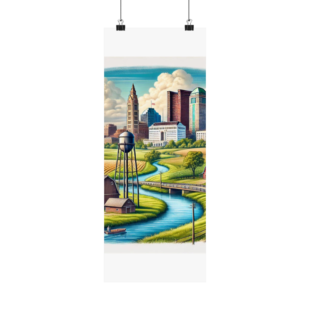 Rural River City Skyline Hometown Landscape Poster Art