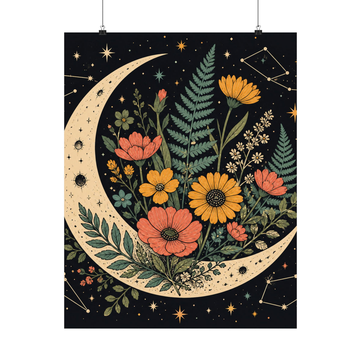 Celestial Wildflower Crescent Moon Botanical Art Poster