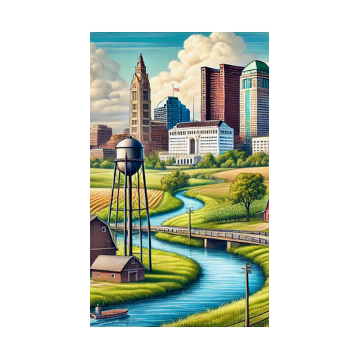 Rural River City Skyline Hometown Landscape Poster Art