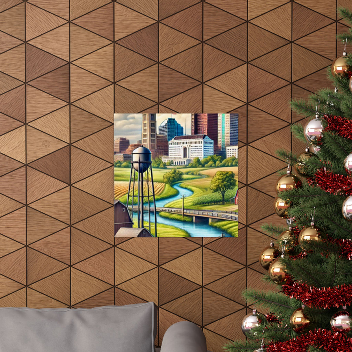 Rural River City Skyline Hometown Landscape Poster Art