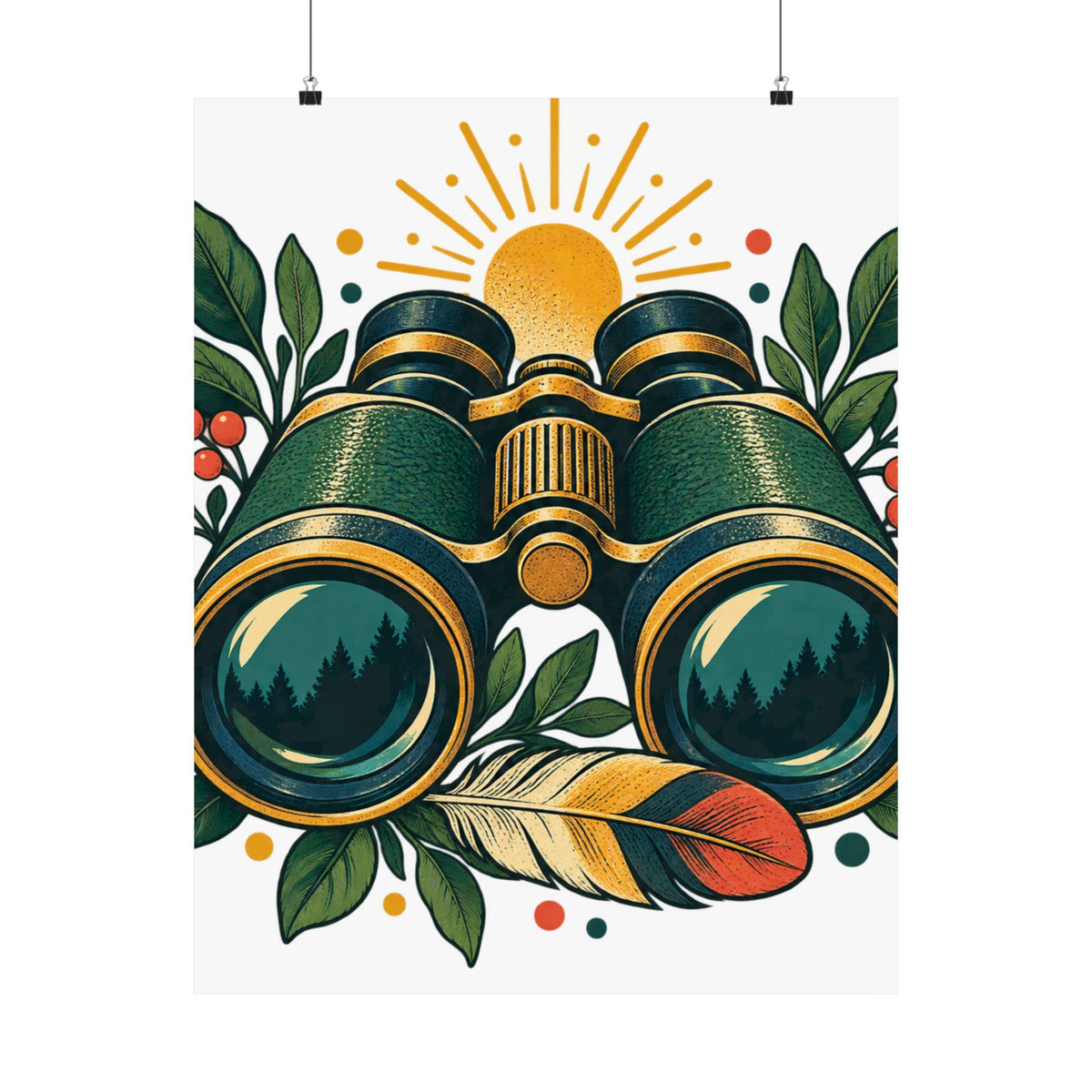 Retro Binoculars and Botanical Birdwatching Art Poster