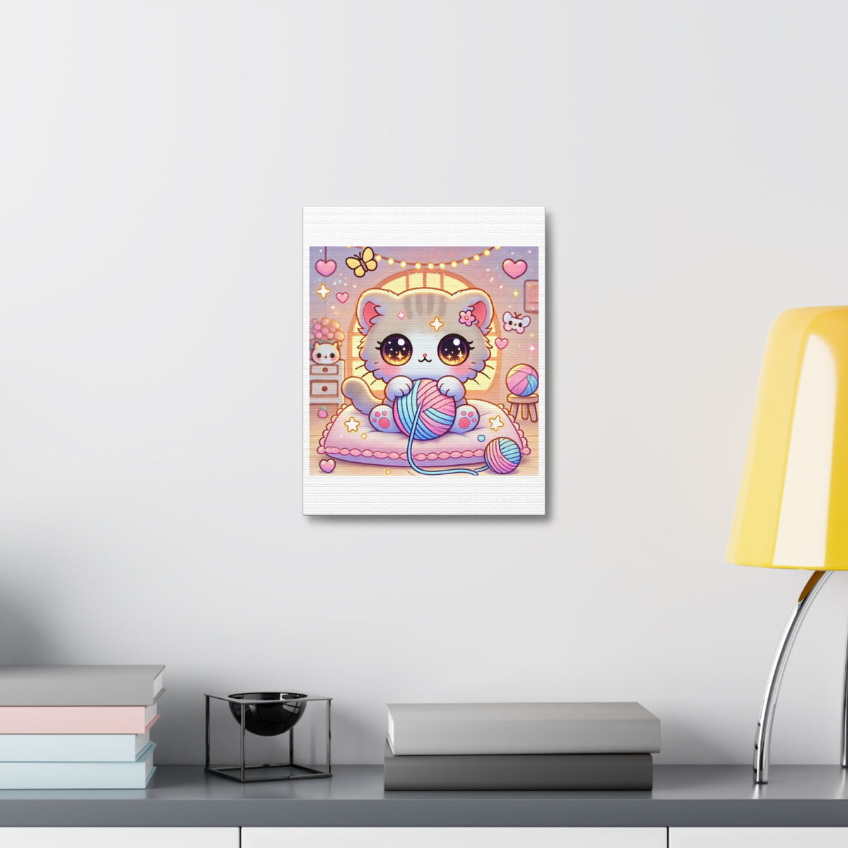 Cozy Kawaii Knitting Cat Pastel Yarn Canvas Wall Art