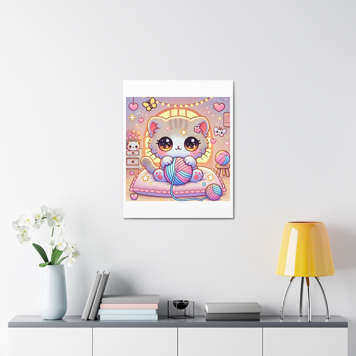 Cozy Kawaii Knitting Cat Pastel Yarn Canvas Wall Art