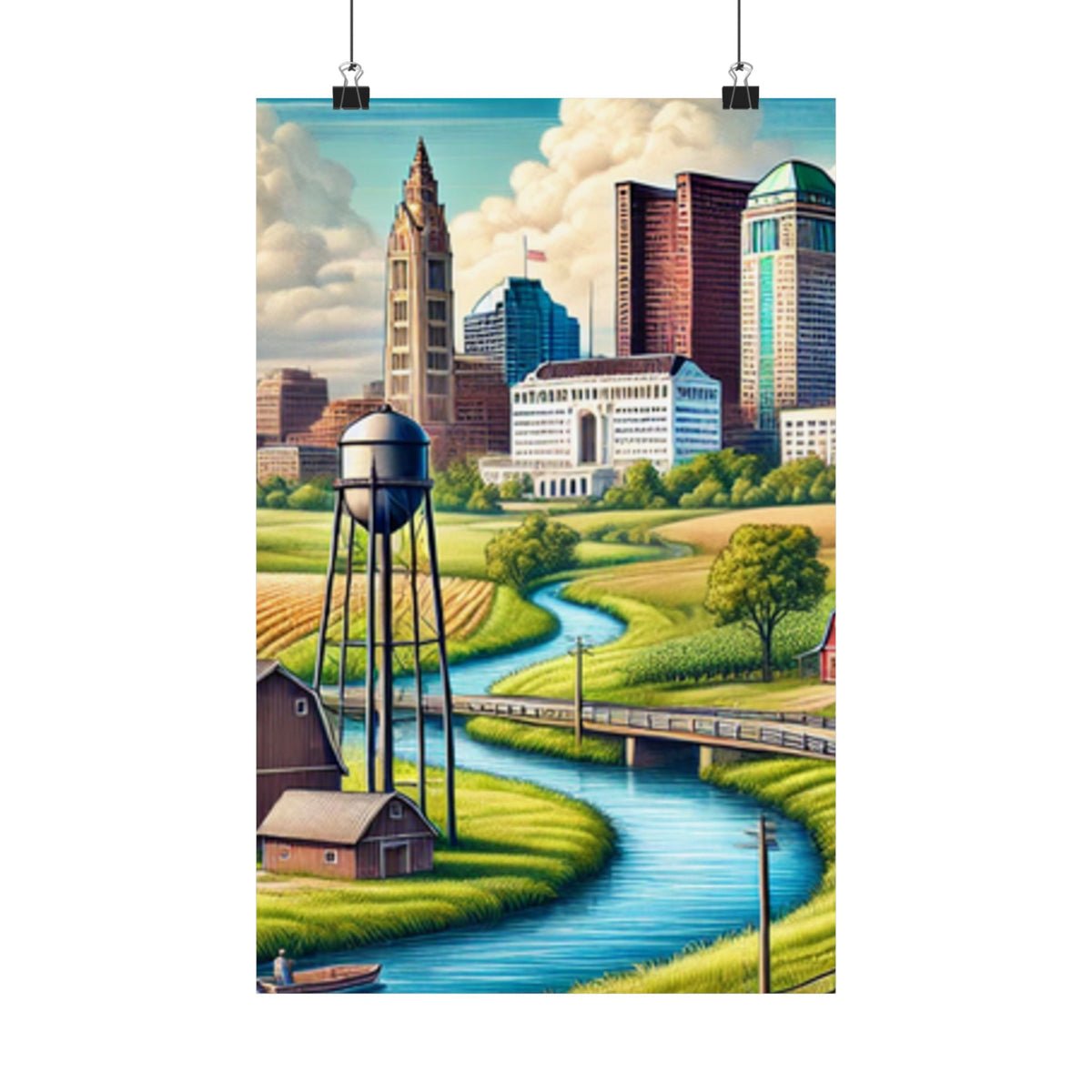 Rural River City Skyline Hometown Landscape Poster Art