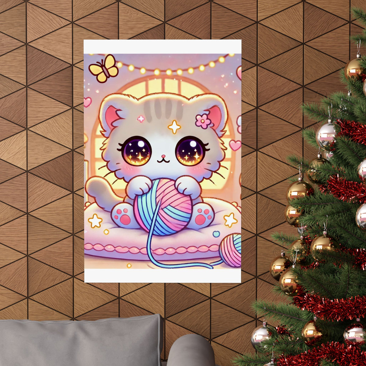 Cozy Kawaii Knitting Cat Pastel Yarn Wall Art Poster