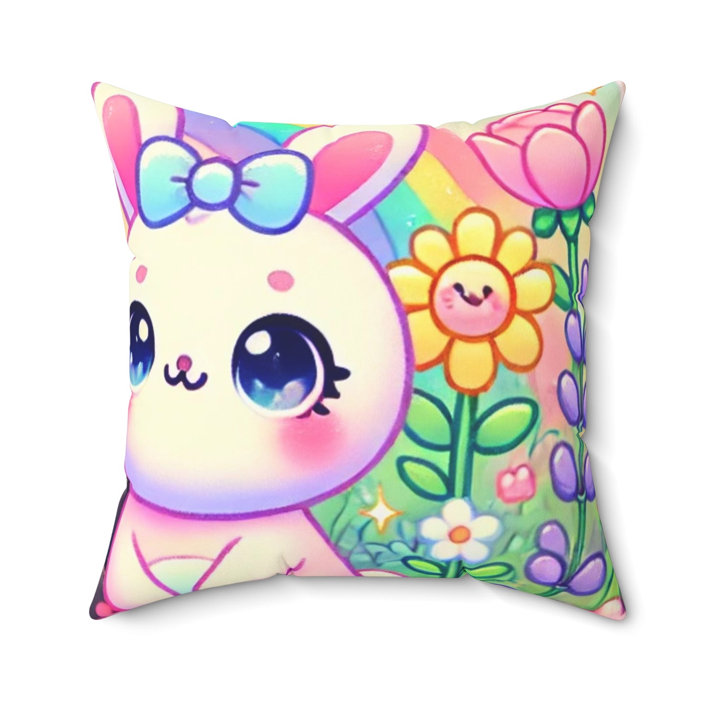 Pastel Panda and Bunny Rainbow Garden Decorative Pillow