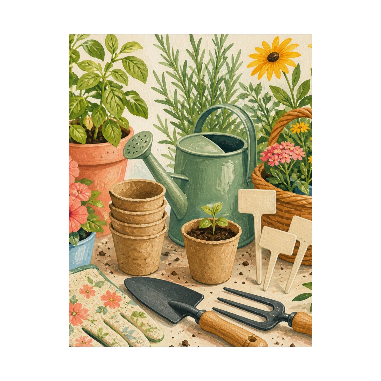 Colorful Gardening Tools and Flowers Hobby Poster