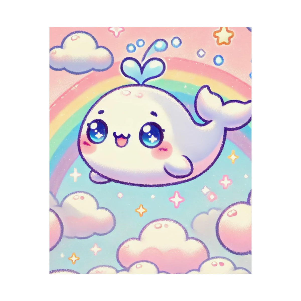 Kawaii Rainbow Whale Pastel Cloud Wall Art Poster
