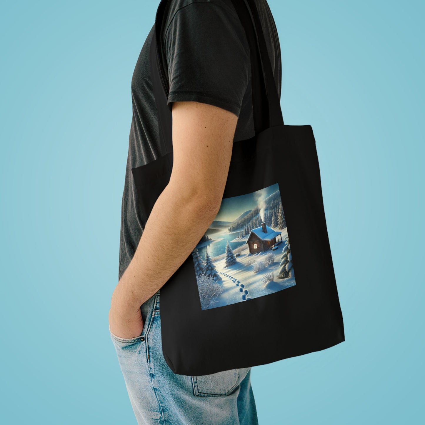 Snowy Cabin Winter Lake Landscape Art Tote Bag