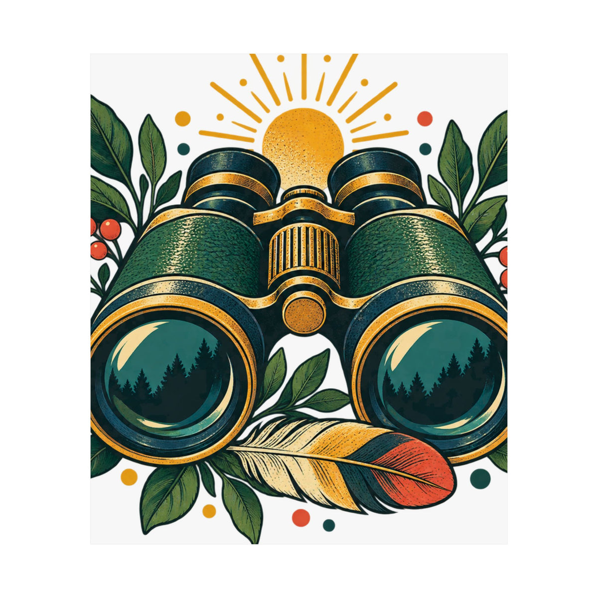 Retro Binoculars and Botanical Birdwatching Art Poster
