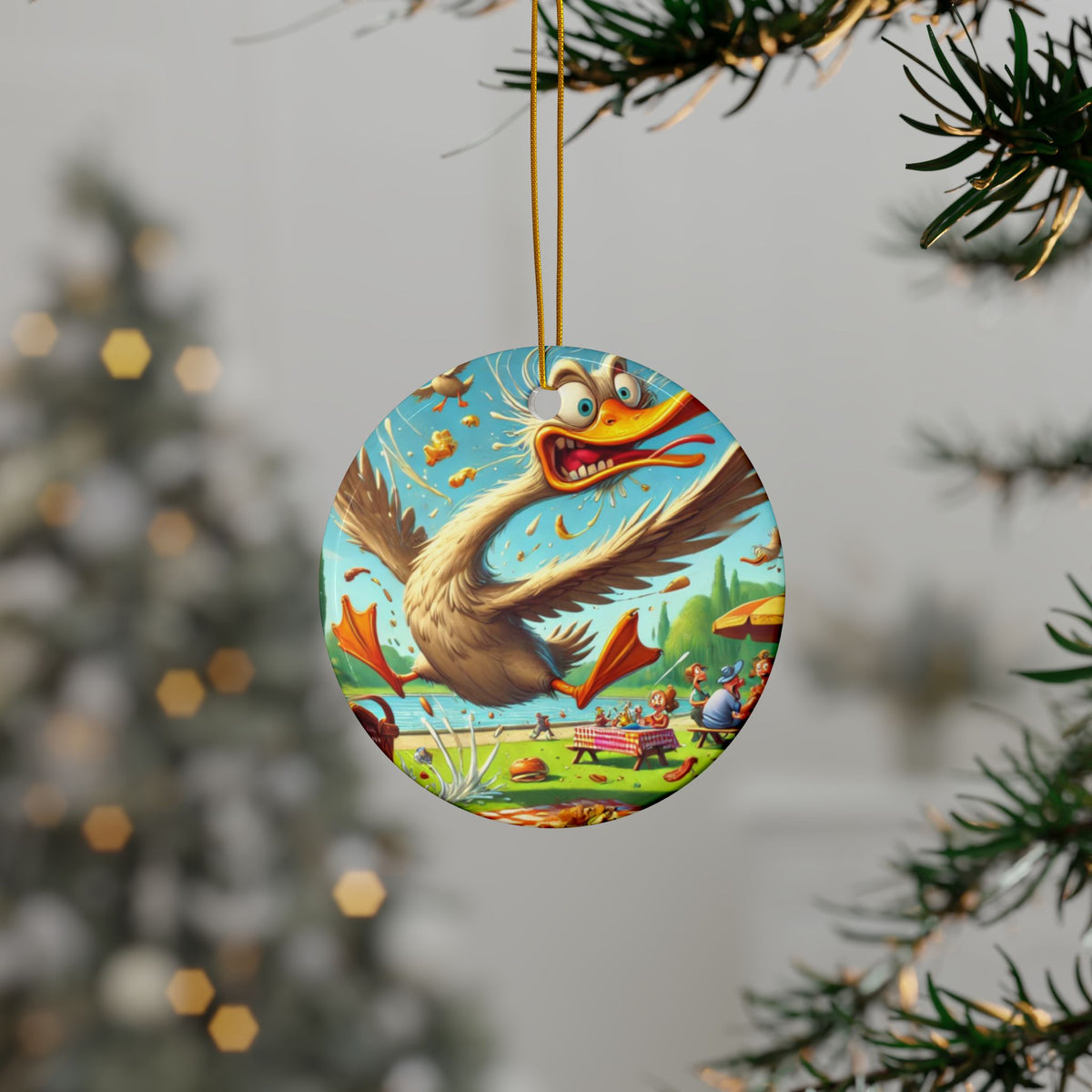 Chaotic Picnic Duck Funny Summer Adventure Art Ceramic Ornament, Holiday Keepsak
