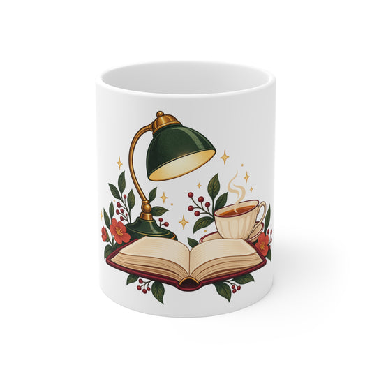 Cozy Book Lamp and Botanical Reading Art Mug
