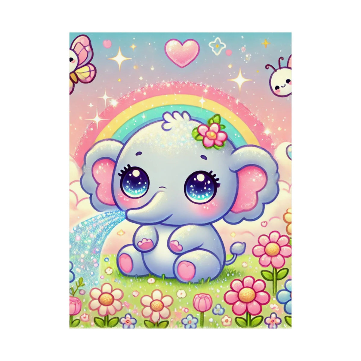 Pastel Rainbow Baby Elephant Floral Wall Art Poster