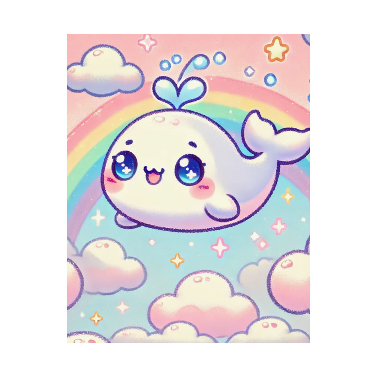 Kawaii Rainbow Whale Pastel Cloud Wall Art Poster