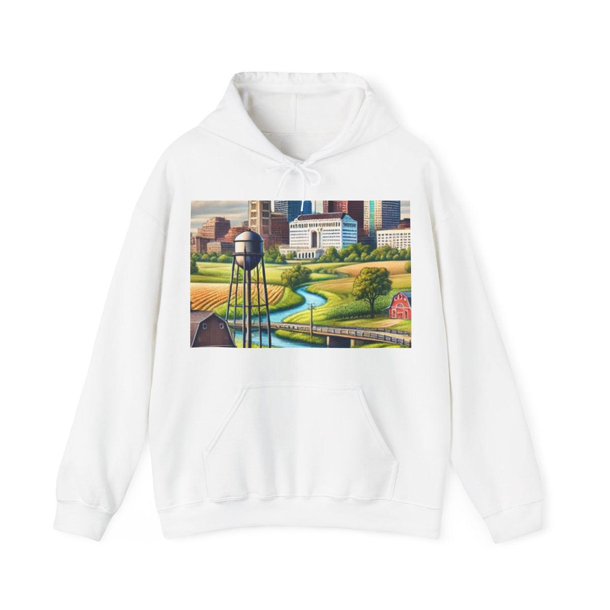 Rural River City Skyline Hometown Landscape Cozy Hoodie