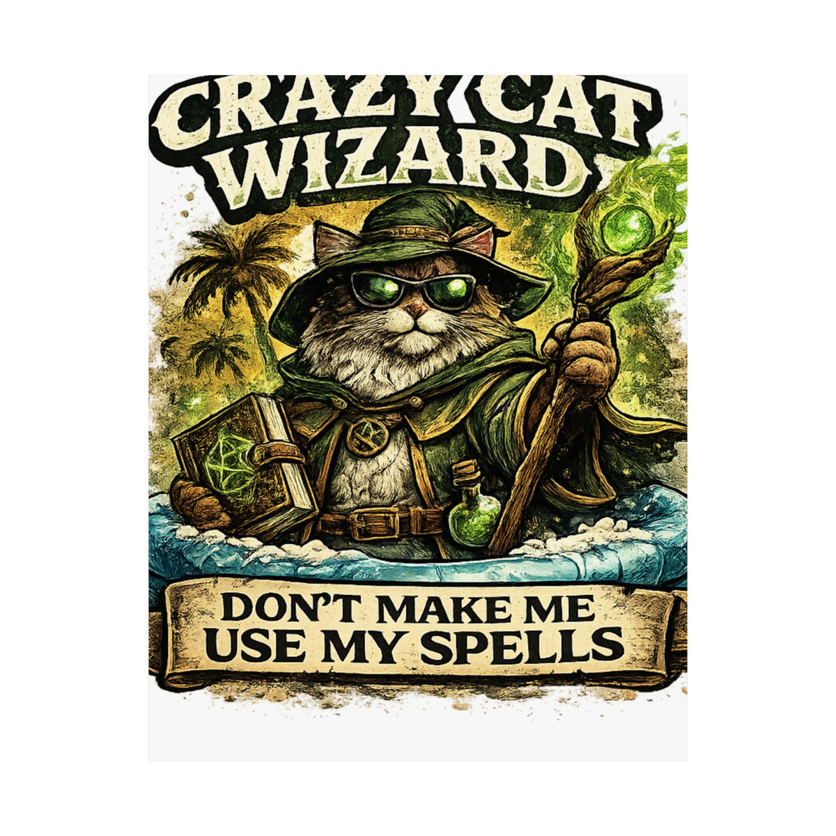 Crazy Cat Wizard Funny Fantasy Magic Art Poster