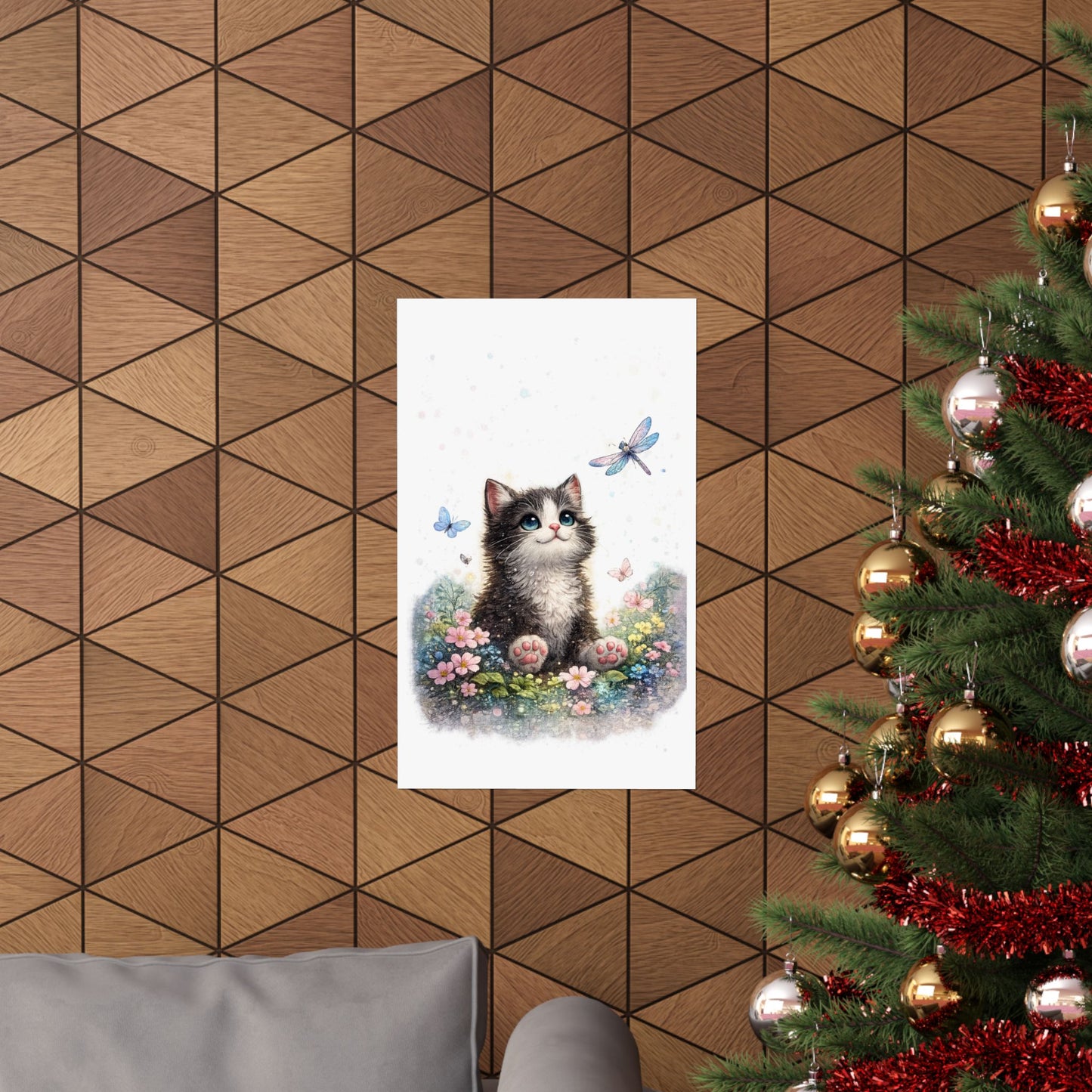 Whimsical Kitten Butterfly Garden Art Poster