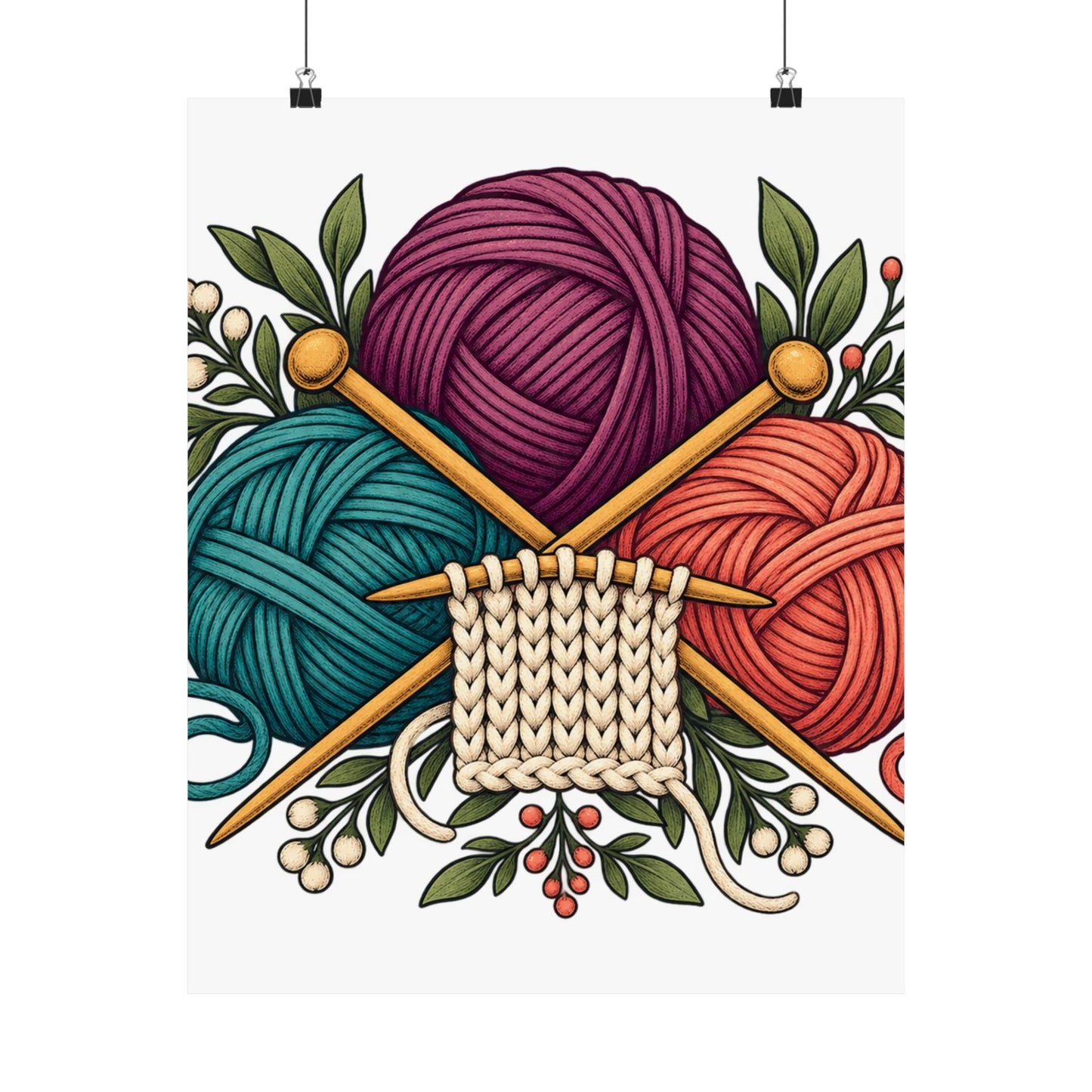Retro Yarn and Knitting Botanical Art Poster