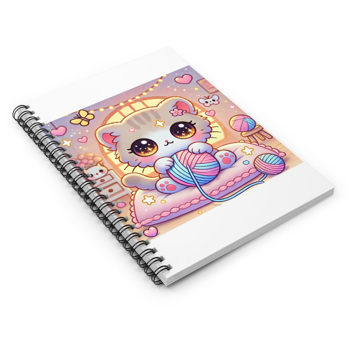 Cozy Kawaii Knitting Cat Pastel Yarn Spiral Notebook