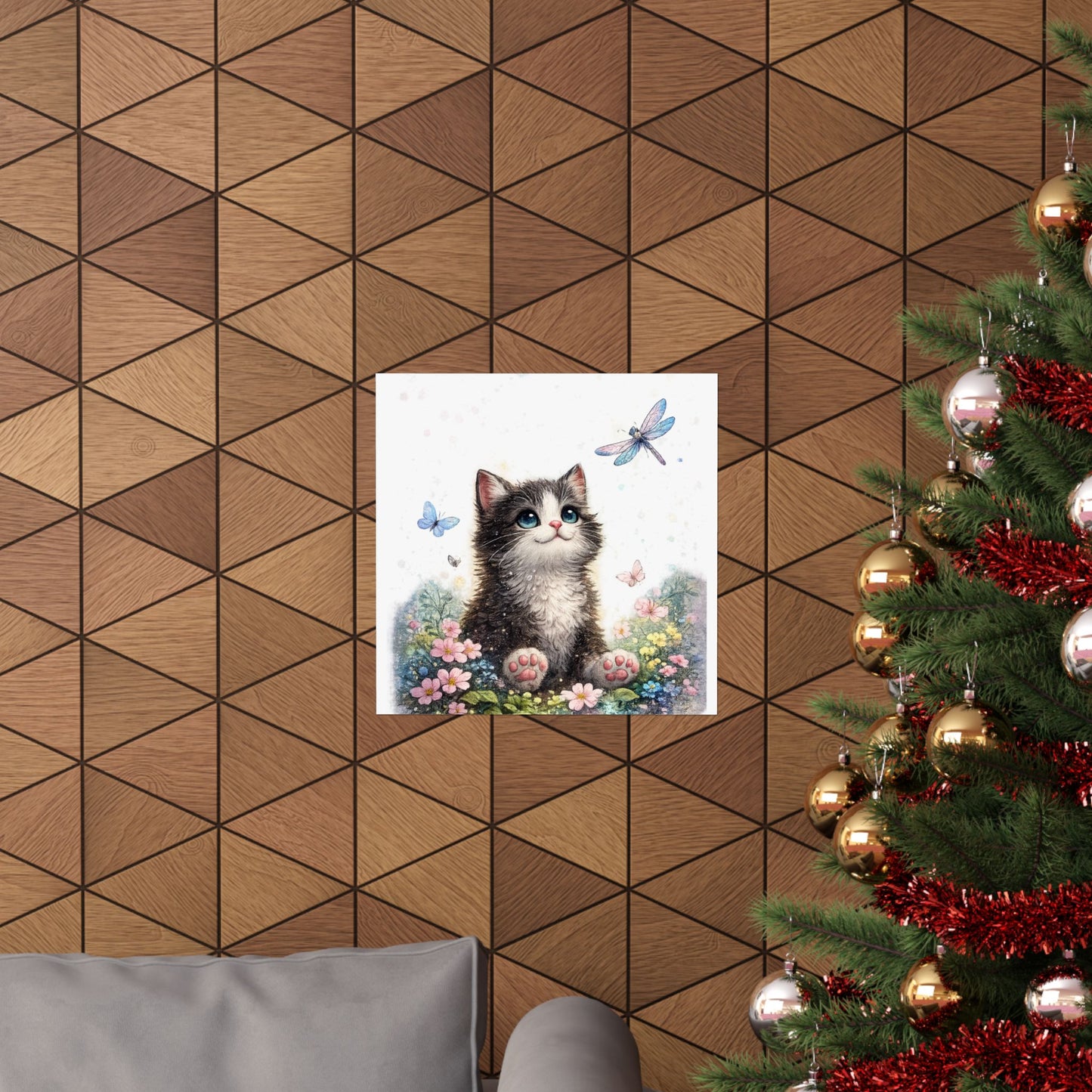 Whimsical Kitten Butterfly Garden Art Poster